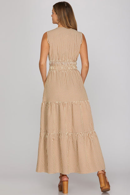 Mocha Gingham Checkered Maxi Dress