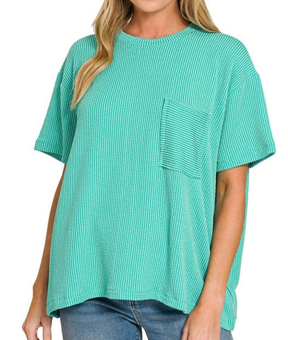 Corded Ribbed Knit Pocket Top Turquoise