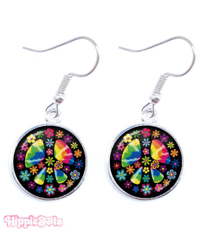 Hippie Peace Flowers Rainbow Earrings