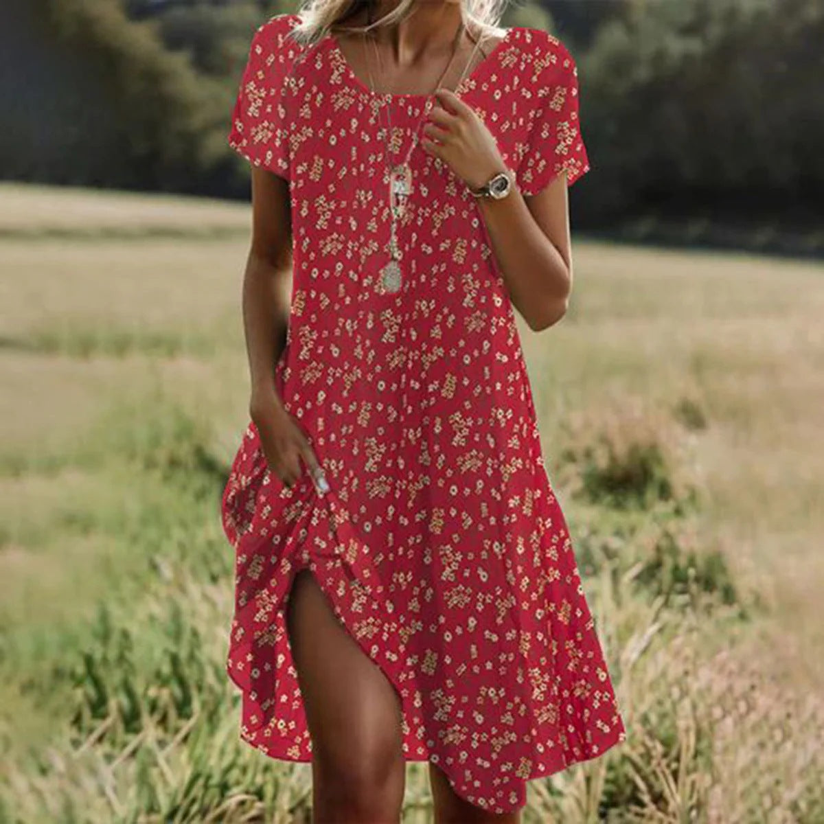 Chic Short Sleeve Polka Dot Green Midi Dress
