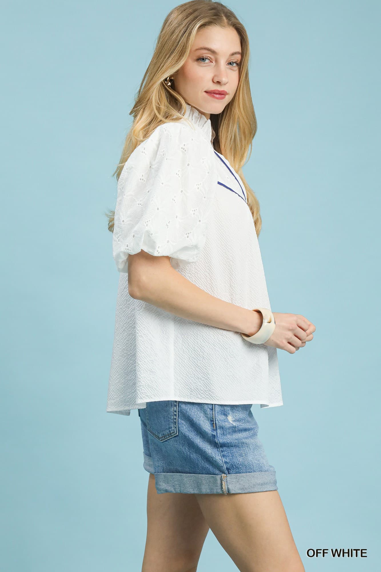 UMGEE Puff Sleeve Eyelet Top Off White