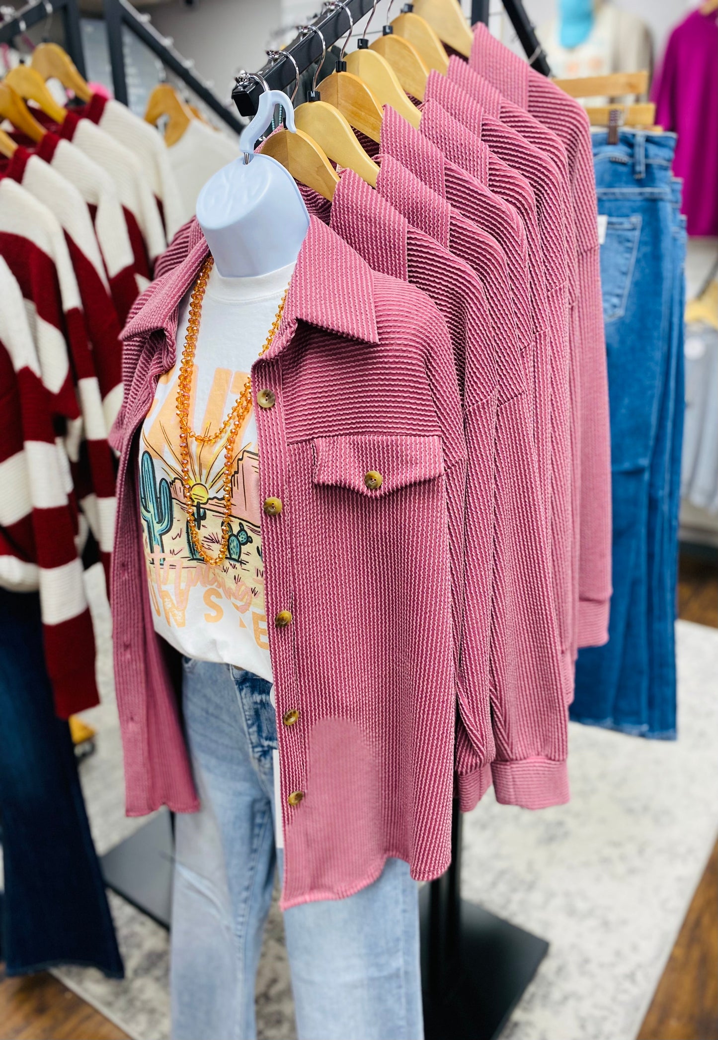 Textured Urban Ribbed Button Down Shacket Sangria