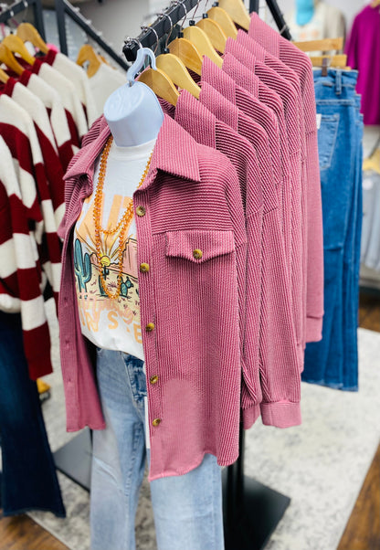 Textured Urban Ribbed Button Down Shacket Sangria