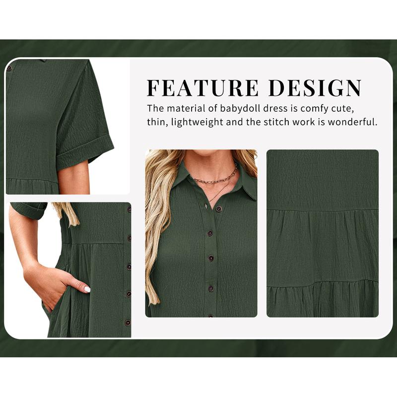 💃2026 Summer Hot Sale 70% OFF✨Women's Short Sleeve Button Down Textured Babydoll Dress Dress with Pockets