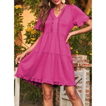 🔥🔥2026 Summer Hot Sale 50% OFF🌈Women's V Neck Ruffle Casual A-Line Flowy Swing Shift Dress