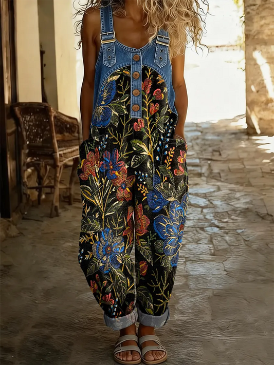 Women's Ethnic Floral Print Patchwork Denim Overalls