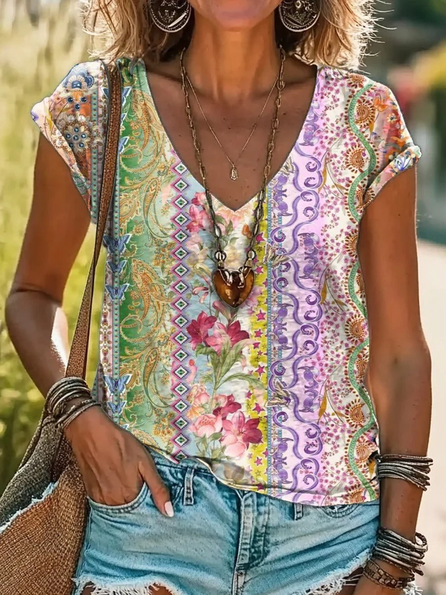 Vintage Kaleidoscope Tie Dye Print 100%Cotton V-neck T-Shirt