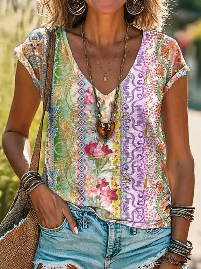 Vintage Kaleidoscope Tie Dye Print 100%Cotton V-neck T-Shirt