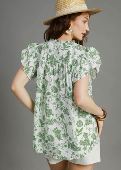 UMGEE Sage Floral Ruffle Sleeve Top