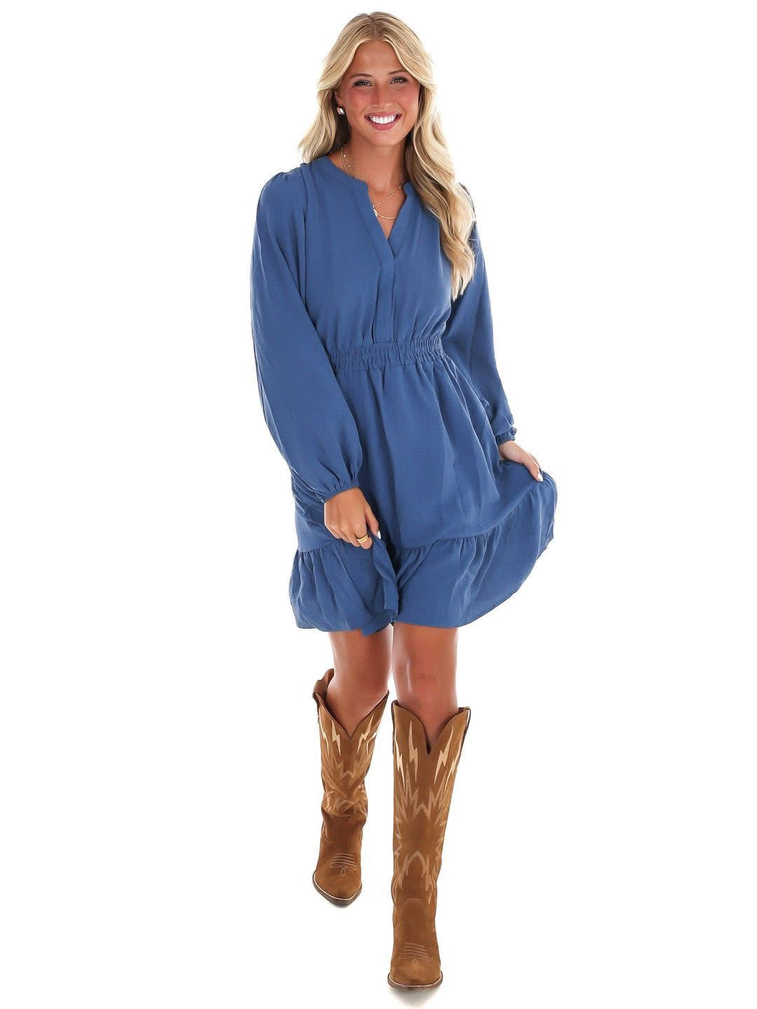 Caroline Smocked Waist Dress Dusty Blue