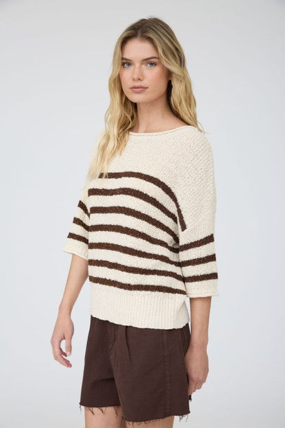 Stripe Knit Half Sleeve Sweater Chocolate