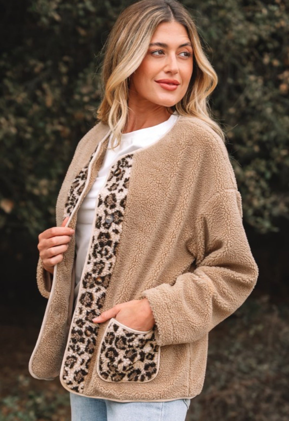 Plush Leopard Contrast Button Up Jacket