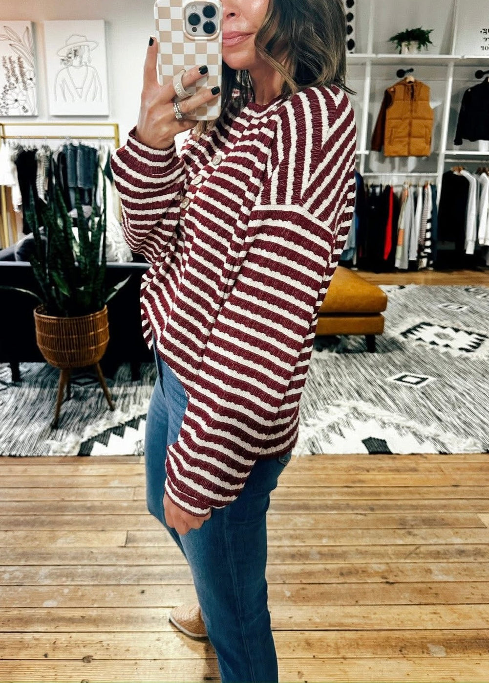 Textured Stripe Henley Top Dark Red