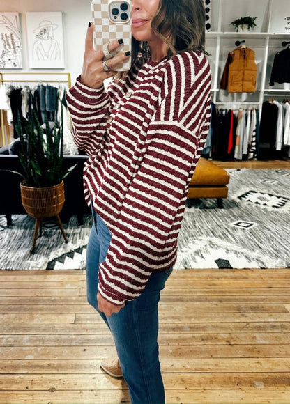 Textured Stripe Henley Top Dark Red