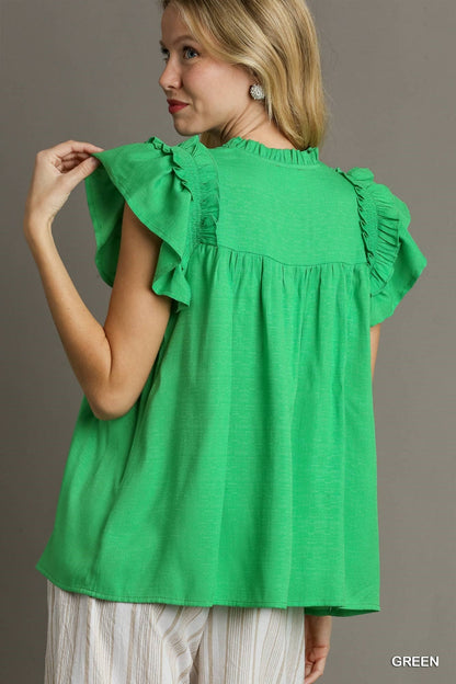 UMGEE Ruffle Flutter Sleeve Top Green