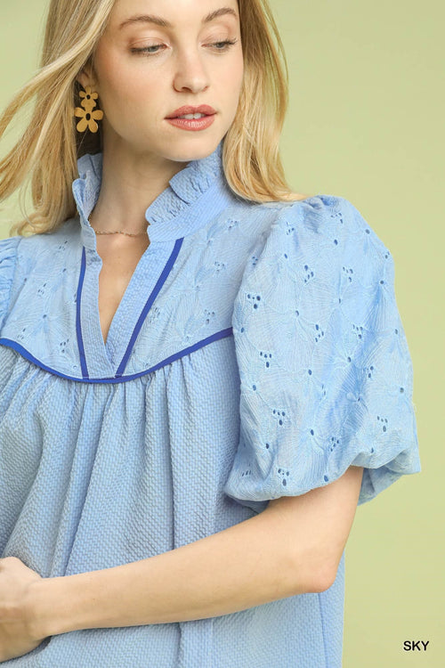 UMGEE Puff Sleeve Eyelet Top Sky Blue