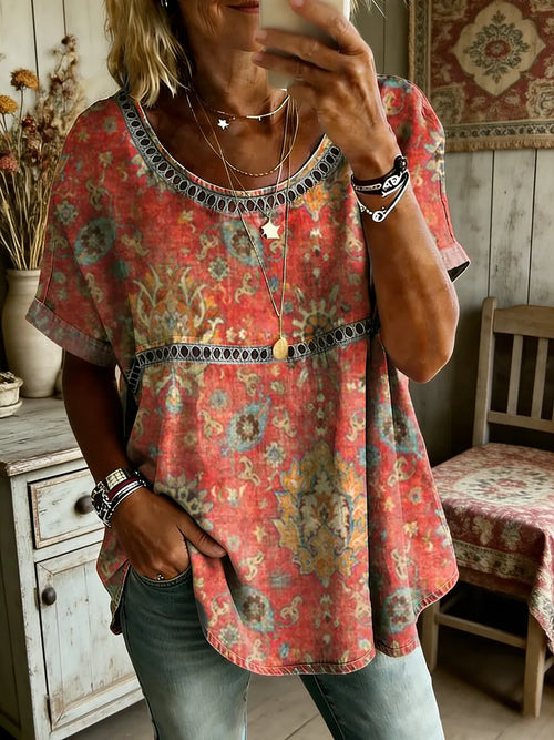 Women's Ethnic Art Print Round Neck Short Sleeve Hollow-Out Shirt