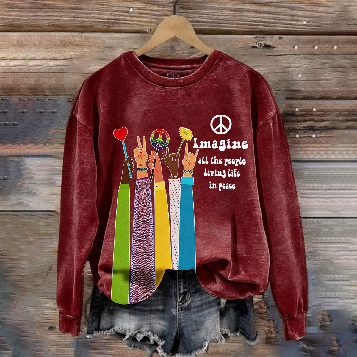 Retro Hippie Imagine All The People Living Life In Peace Print Sweatshirt