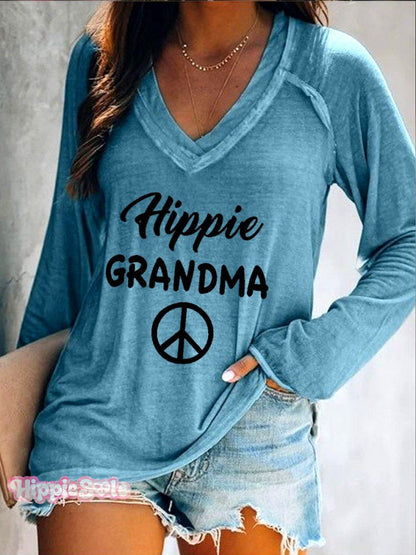 Women's Hippie Grandma Peace And Love Casual Long Sleeve V-Neck T-Shirt