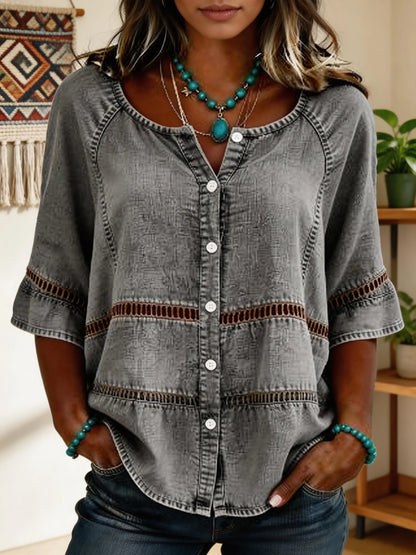 Women's Openwork Button Short-sleeve Shirt