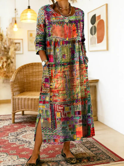 Women's Ethnic Patchwork Printed Cotton Denim Dress with Lace Trim