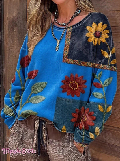 Women's Bohemian Floral Pattern Patchwork Art Print Casual Long Sleeve T-shirt