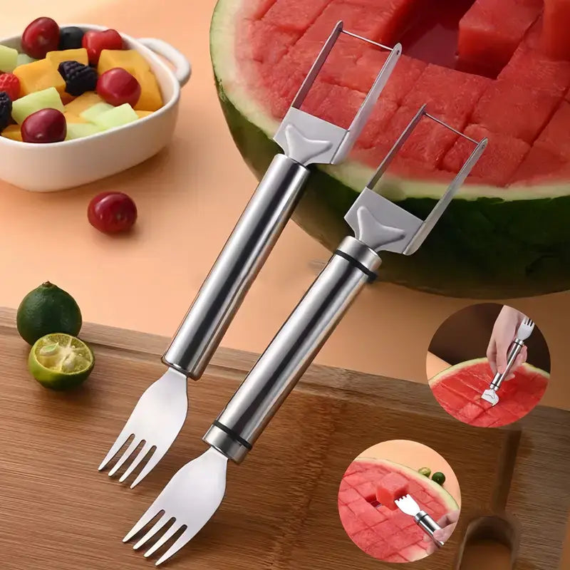 🍉 Summer Sale - Buy 2 Get 1 FREE🔥 | 2-in-1 Watermelon Cutter & Fork Set – Perfect Cubes in Seconds, No Mess, Stainless Steel Fruit Slicer 🍉