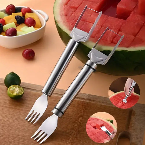 🍉 Summer Sale - Buy 2 Get 1 FREE🔥 | 2-in-1 Watermelon Cutter & Fork Set – Perfect Cubes in Seconds, No Mess, Stainless Steel Fruit Slicer 🍉