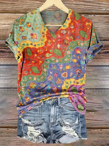 Women's Boho Floral Wave Collage Art Printed Cotton And Linen Casual Pants