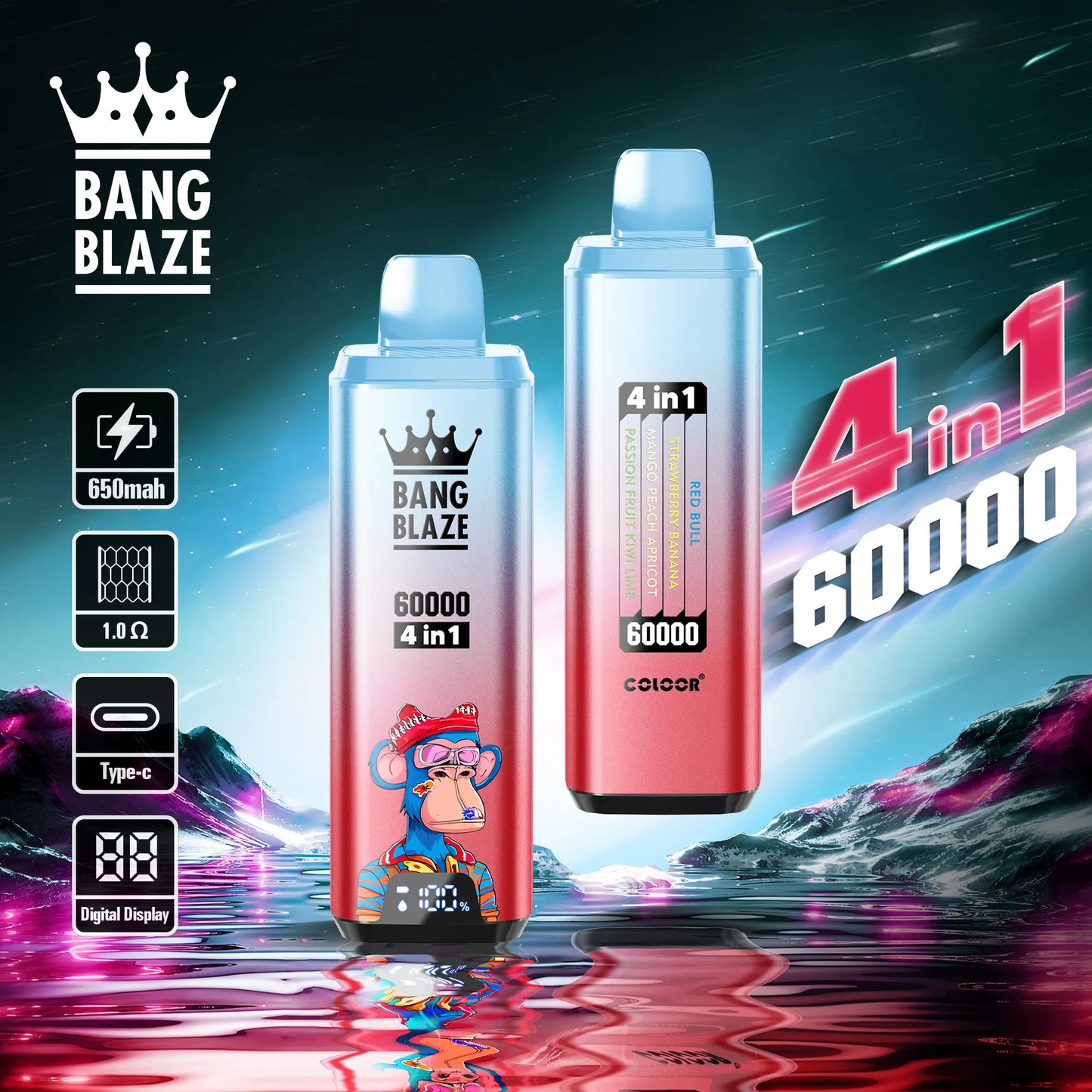 Bang Blaze 60000 – 4 flavors in a single device! 🔥 Fast shipping in 1–5 days. 🚚 Tax- and duty-free. 💨 Up to 60,000 puffs of pure flavor! Buy it now and save! ⚡