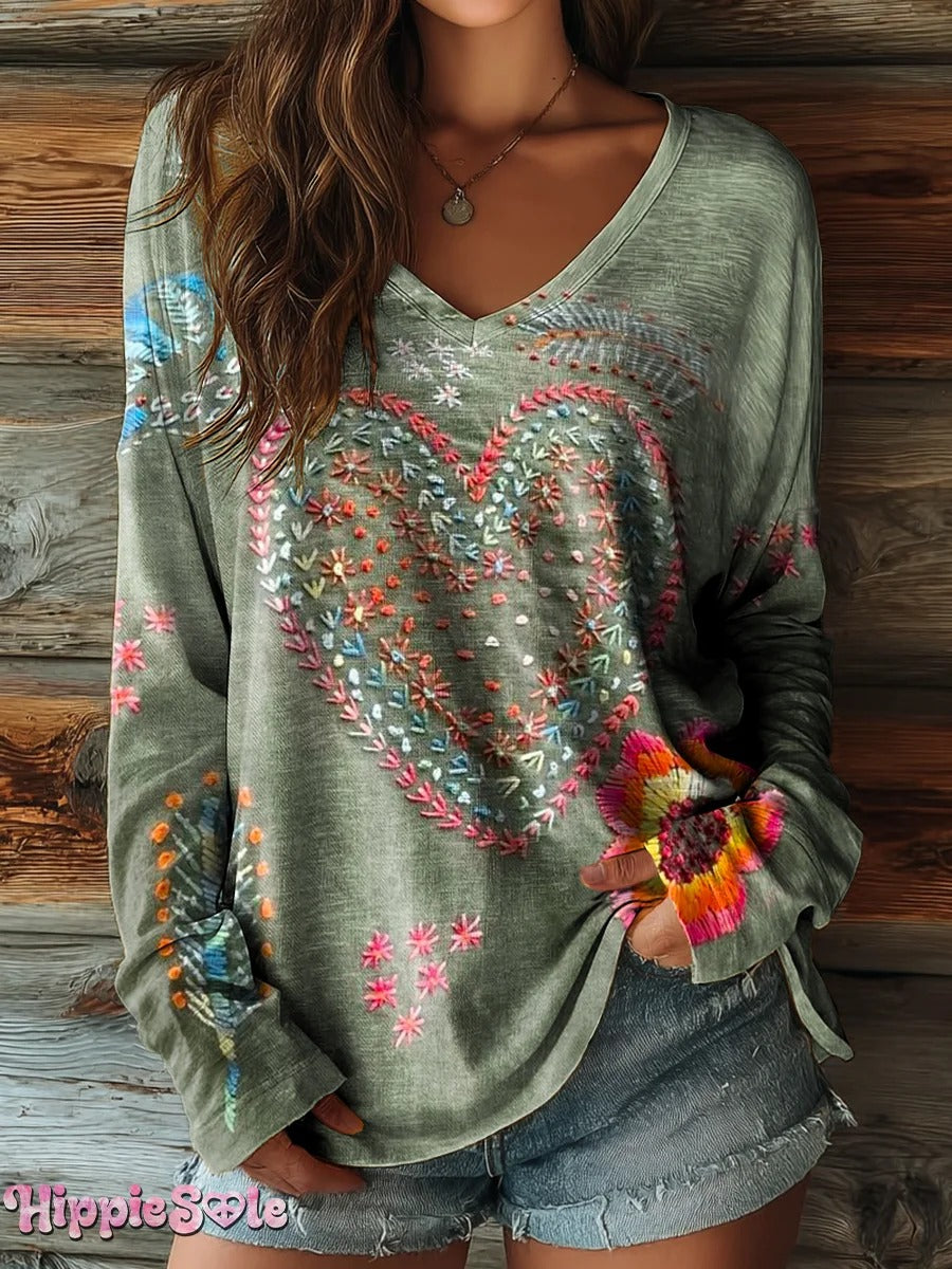 Women's Vintage Bohemian Floral Love Art Print V-neck Casual T-Shirt