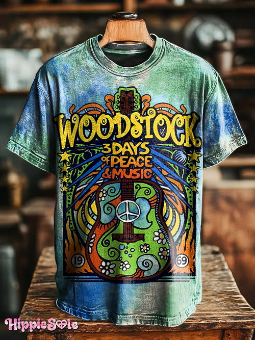 Unisex Vintage Hippie Music Woodstock Art Print Casual T-shirt