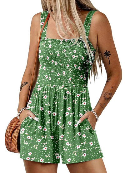 🏝️LAST DAY SALE 50% OFF💃Women's Summer Square Neck Sleeveless Loose Casual Short Smocked Romper