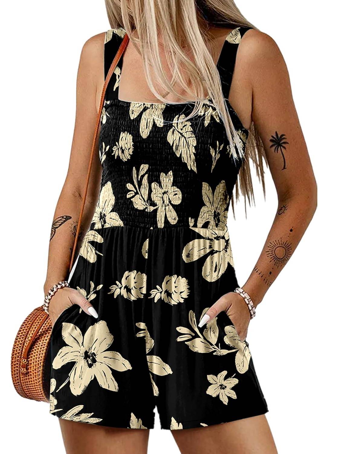 🏝️LAST DAY SALE 50% OFF💃Women's Summer Square Neck Sleeveless Loose Casual Short Smocked Romper