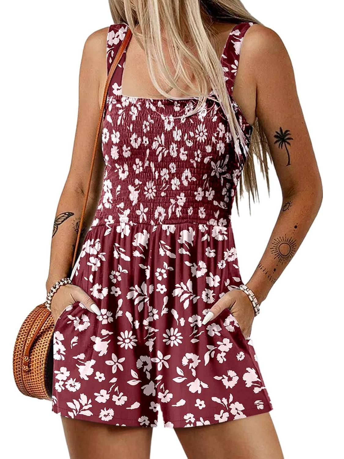 🏝️LAST DAY SALE 50% OFF💃Women's Summer Square Neck Sleeveless Loose Casual Short Smocked Romper