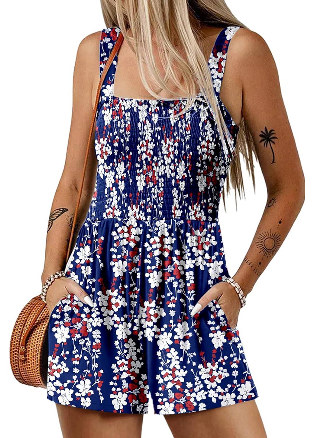 🏝️LAST DAY SALE 50% OFF💃Women's Summer Square Neck Sleeveless Loose Casual Short Smocked Romper