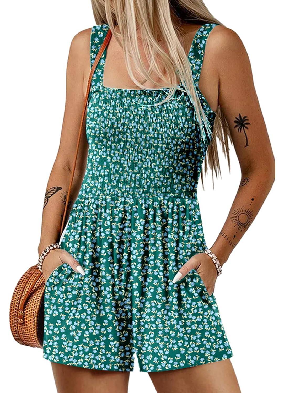 🏝️LAST DAY SALE 50% OFF💃Women's Summer Square Neck Sleeveless Loose Casual Short Smocked Romper