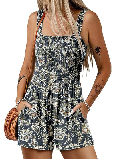 🏝️LAST DAY SALE 50% OFF💃Women's Summer Square Neck Sleeveless Loose Casual Short Smocked Romper