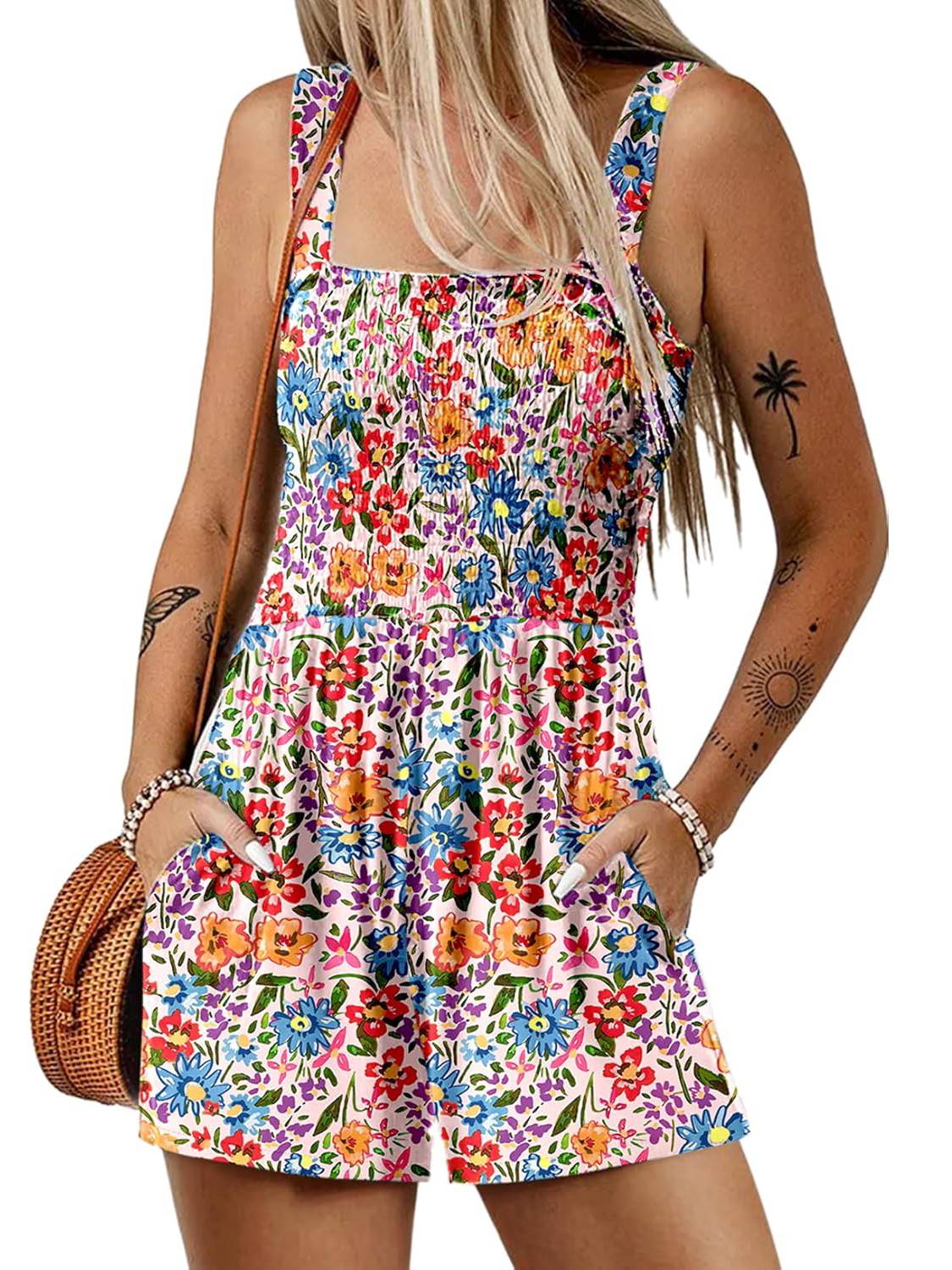 🏝️LAST DAY SALE 50% OFF💃Women's Summer Square Neck Sleeveless Loose Casual Short Smocked Romper