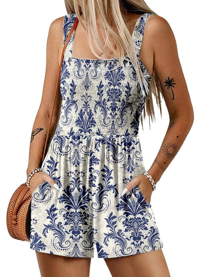 🏝️LAST DAY SALE 50% OFF💃Women's Summer Square Neck Sleeveless Loose Casual Short Smocked Romper