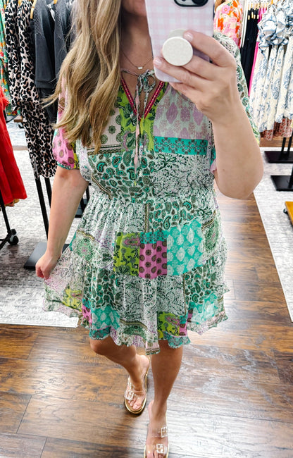 UMGEE Metallic Boho Multi Print Dress Green Mix