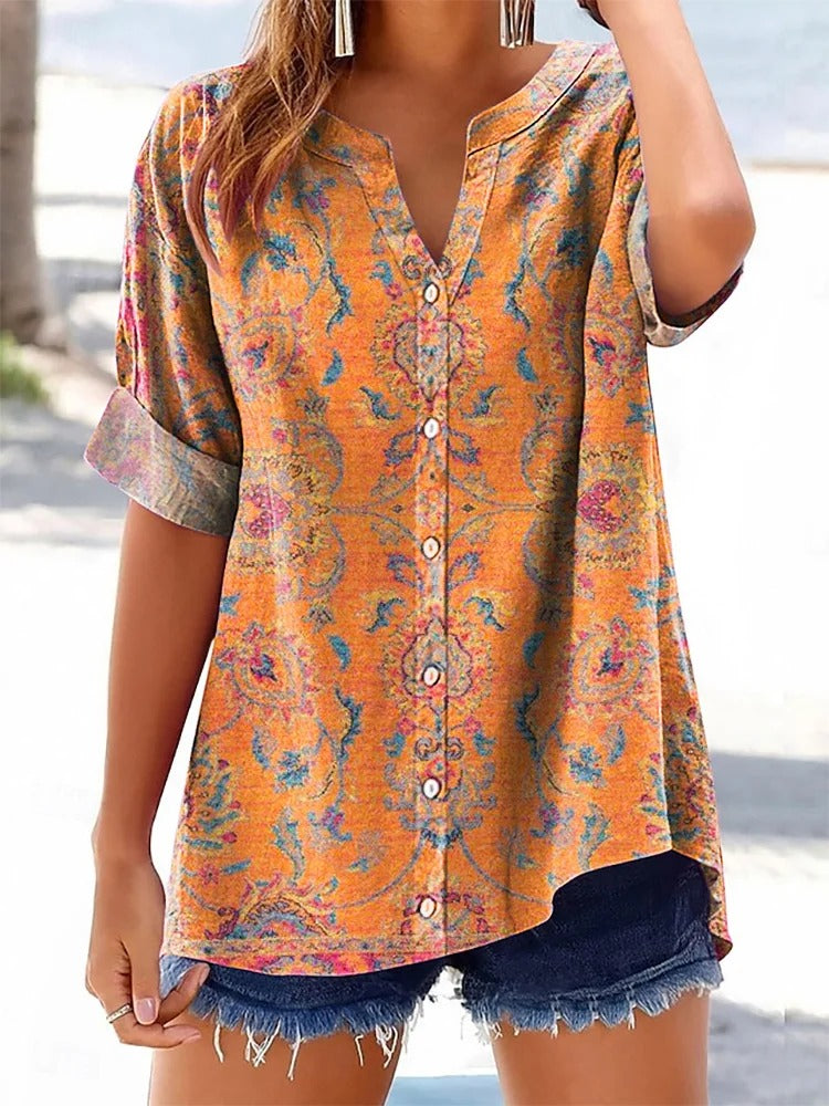 Women's Retro Ethnic Totem Printed Flowy Cotton Crew Neck Dress