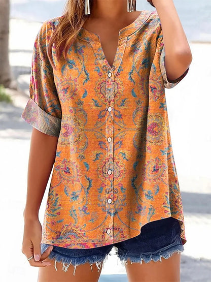 Women's Retro Ethnic Totem Printed Flowy Cotton Crew Neck Dress
