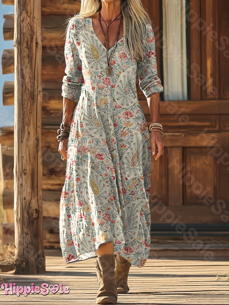 Women's Bohemian Floral Wavy Collage Art Pattern Print Pocket Cotton Dress