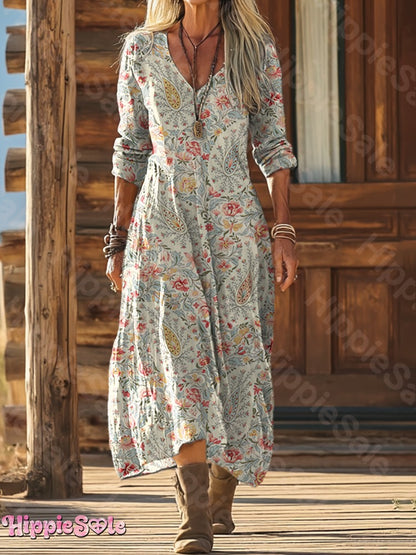 Women's Retro Ethnic Totem Collage Art Pattern Print Pocket Cotton Dress