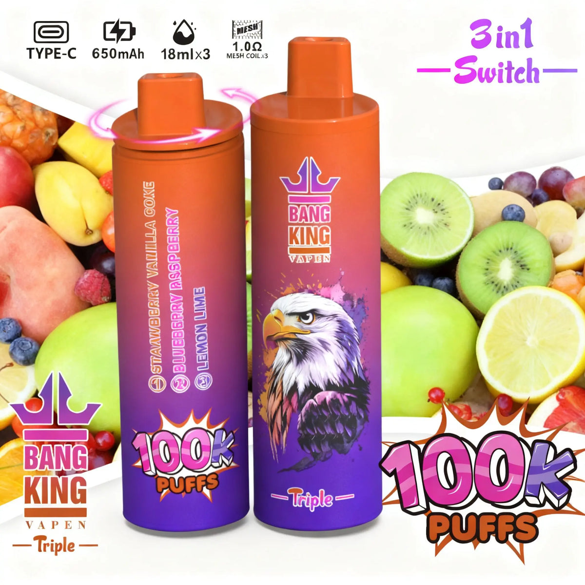 Bang King Triple 100000 100K Puffs 3 in 1 Flavors Original Rechargeable Disposable Vape