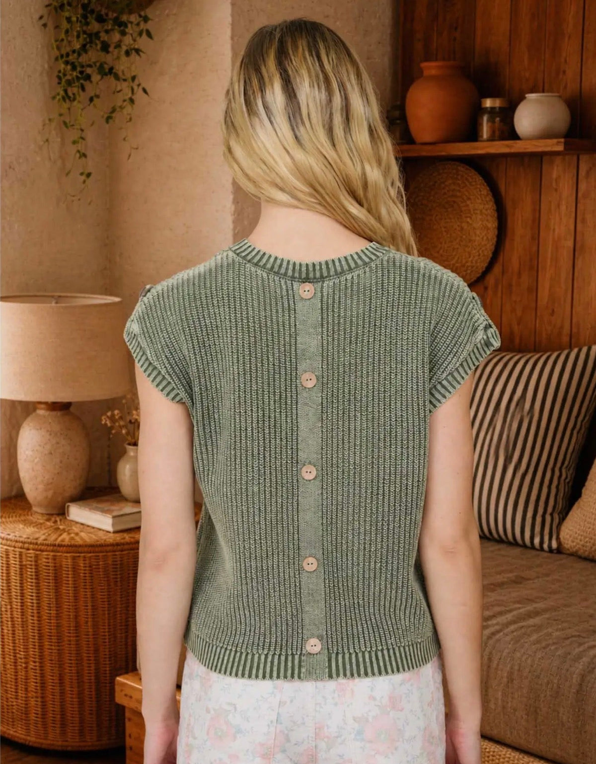 Mineral Washed Button Sweater Top Olive