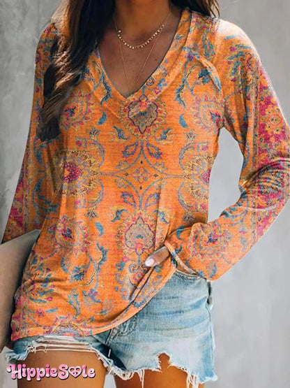 Women's Retro Ethnic Totem Printed Flowy Cotton Crew Neck Dress