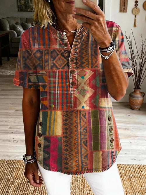 Ethnicity Patchwork Totem Women's Art Print Casual Short-sleeve Washed Cotton Denim Shirt