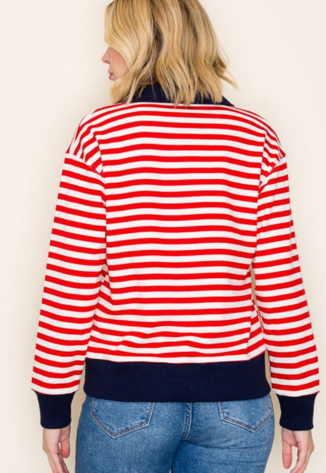 Stripe Contrast Collar Top Red Navy